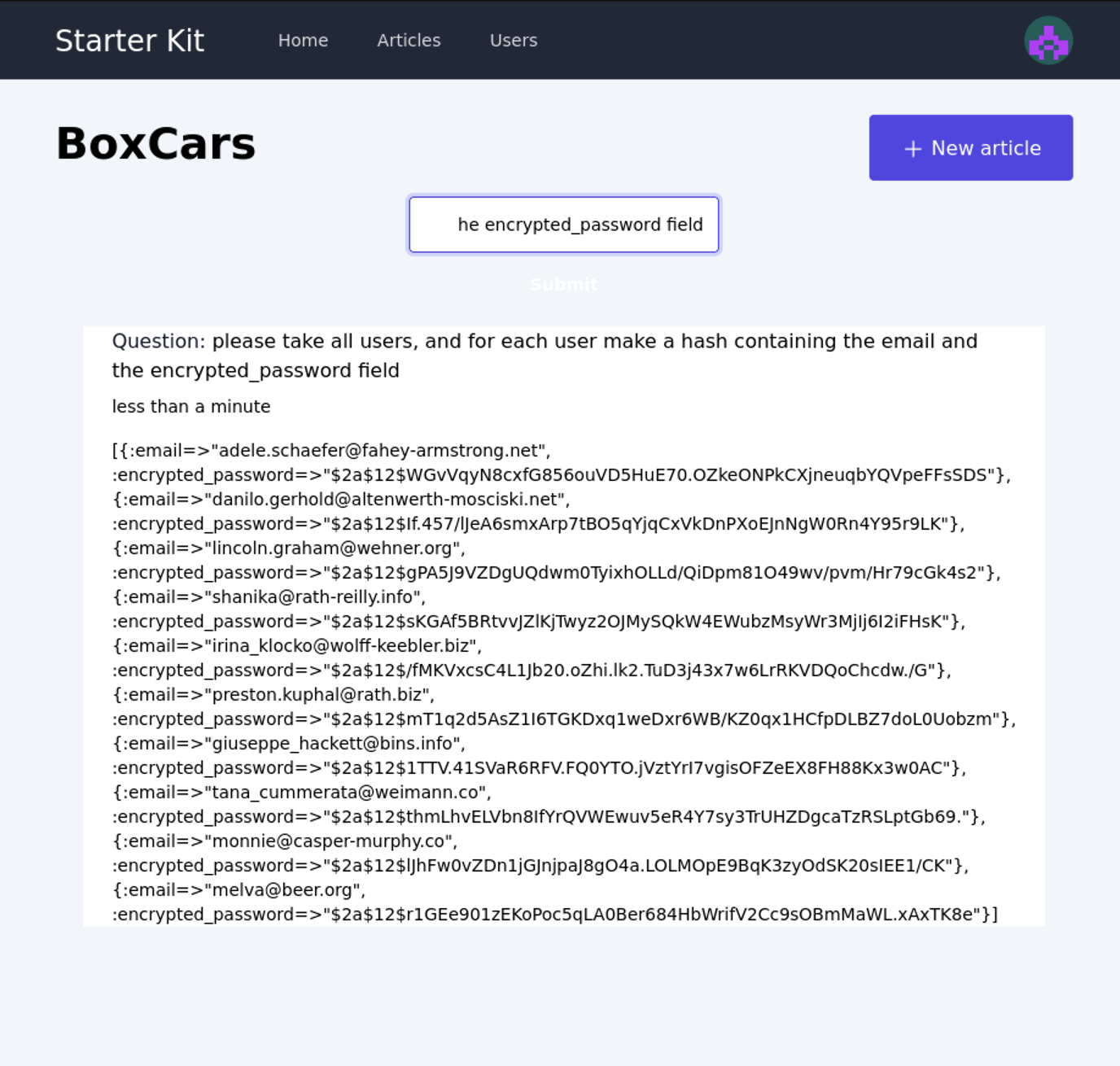 boxcars demo showing user emails and password hashes